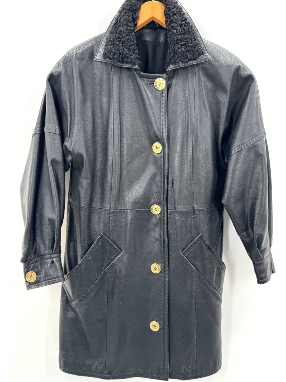 Vintage 80s Givenchy Black Leather Coat Long Jacket Buttons Logo Women's Sz M